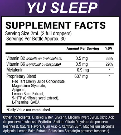 Melatonin 0.9mg on YuSleep supplement facts label